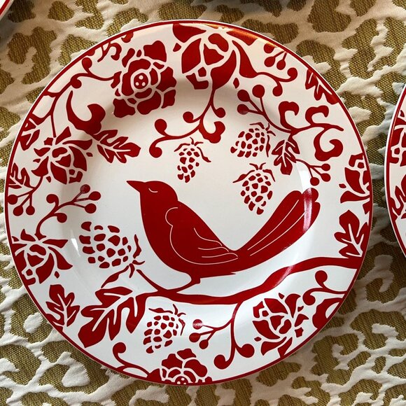 Set Of 4 Pier 1 Bird & Floral Red/White Stoneware Salad Plates Boho Excellent UC - Picture 2 of 7